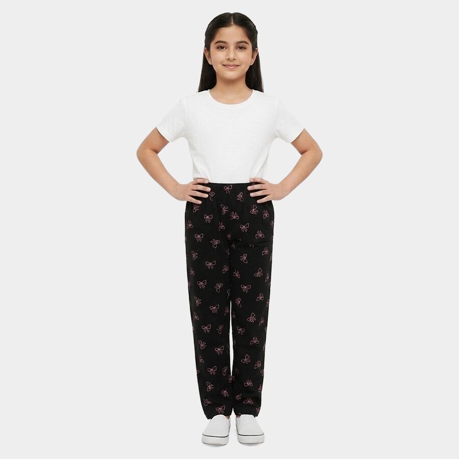 Girls' Black Regular Fit Cat Printed Cotton Blend Pyjama, Black, large