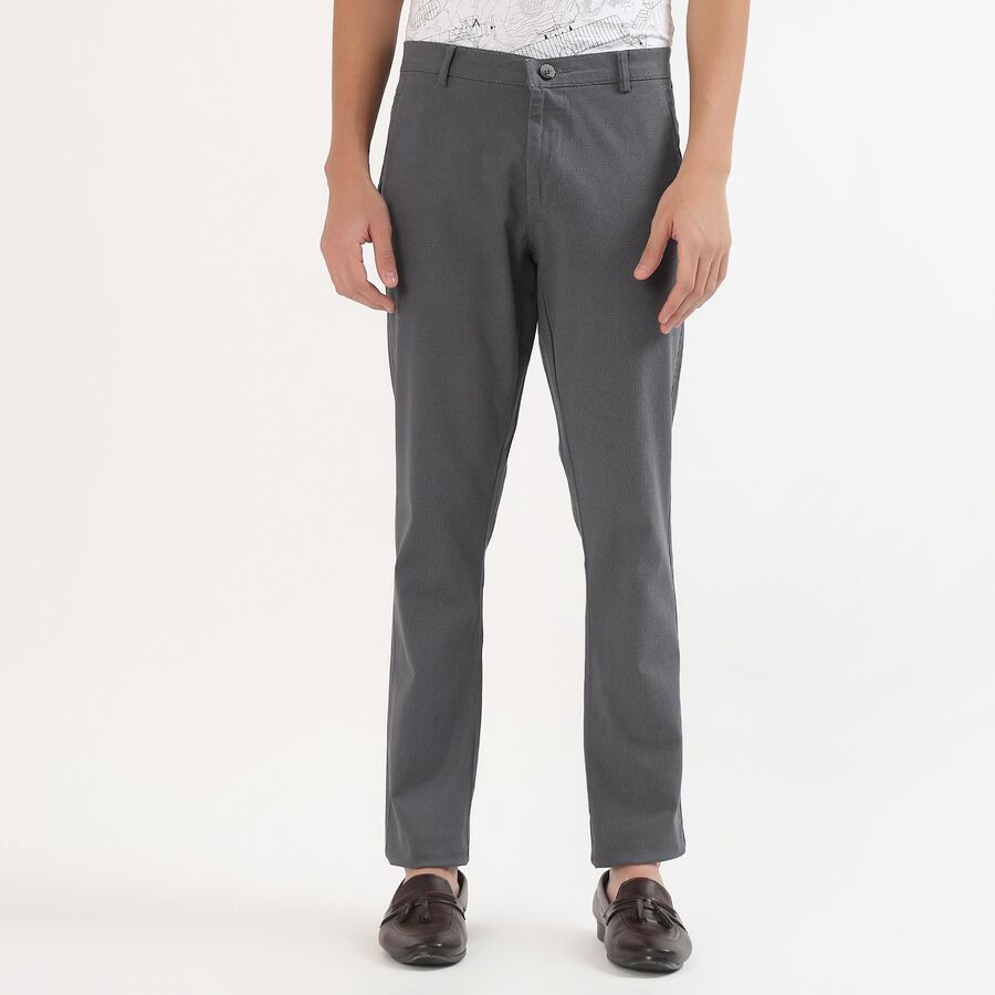 Men's Charcoal Grey Slim Fit Flat-Front Casual Trousers, Light Blue, large image number null