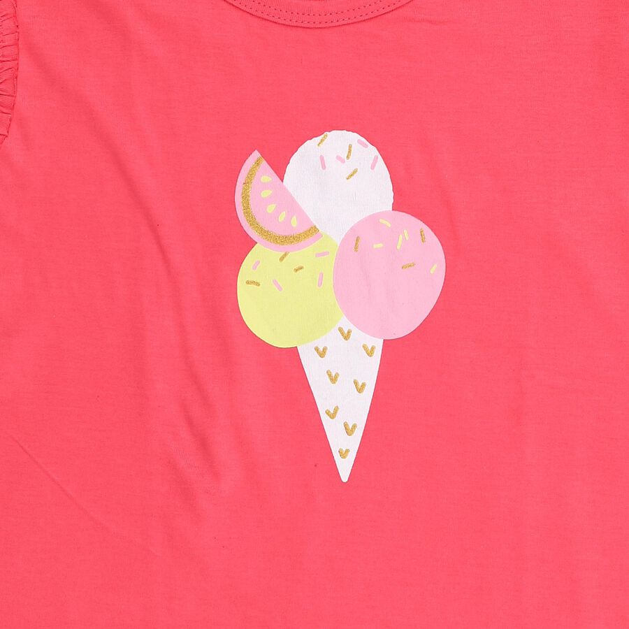 Girls Bright Coral Pink Cotton Round Neck Casual Sleeveless T-Shirt, Pink, large image number null