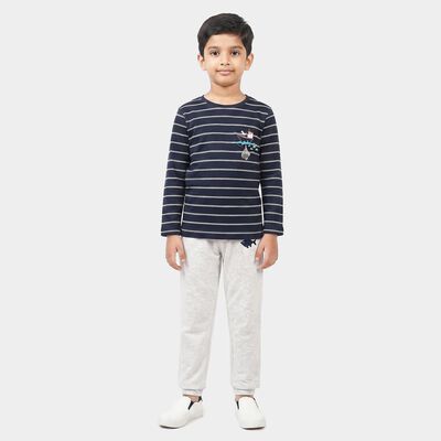 Boys Navy Blue Cotton Round Neck Striped Baba Suit