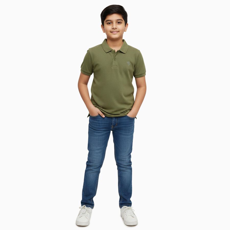 Boys Muted Olive Crew Neck Casual Half Sleeve T-Shirt, Olive, large