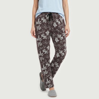 Women's Purple Straight-Fit Leaf Printed Drawstring Pyjama