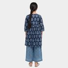 Girls' Navy Blue Round Neck Printed Flared Kurta and Palazzo Fusion Set, नेवी ब्लू, small