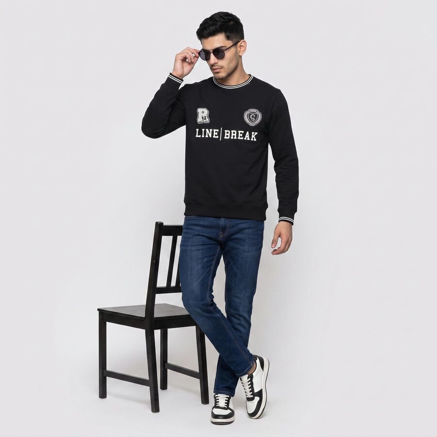Men's Black Crew Neck Pullover Sweatshirt, Black, large