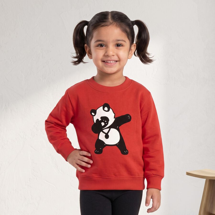 Girls' Red Round Neck Pullover Sweatshirt, लाल, large