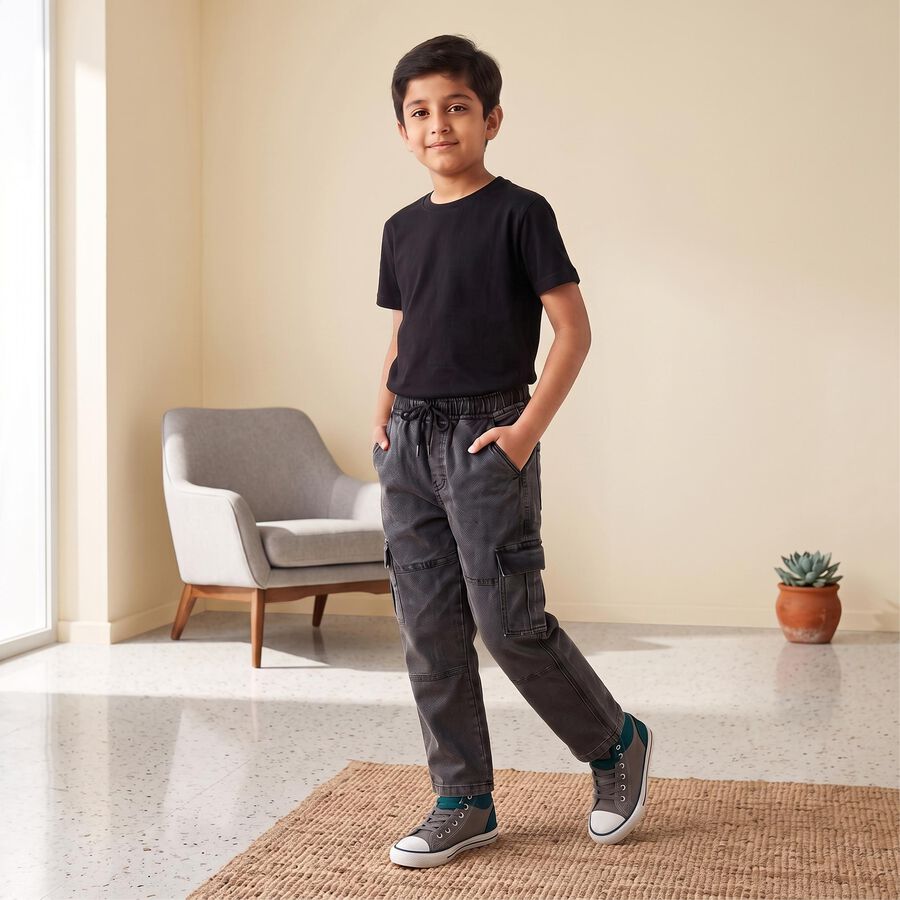 Boys' Black Relaxed Fit Cargo Jeans, Black, large