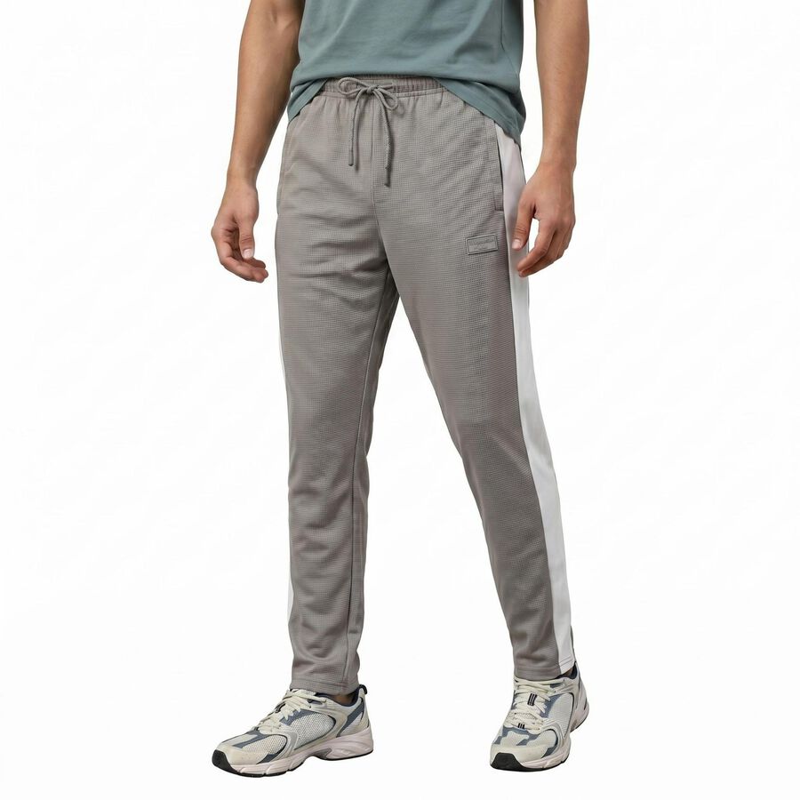 Men Grey Tapered Fit Side Panel Track Pants, Light Grey, large