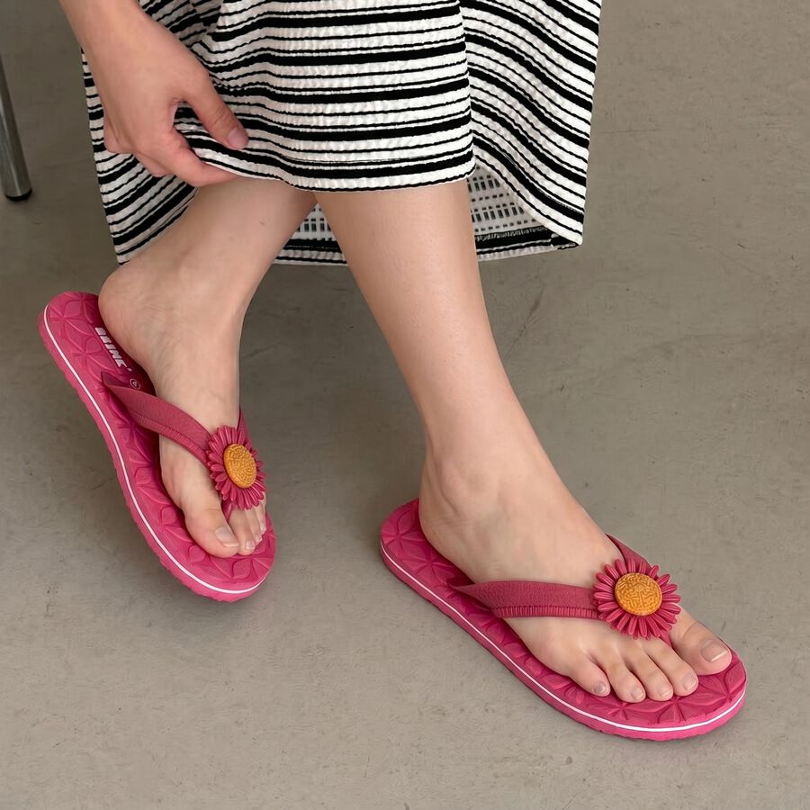 Women's Pink Floral Applique Flip-Flop Slippers, गुलाबी, large
