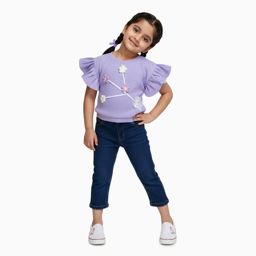 Girls' Lavender Round Neck Ruffle Sleeve Floral T-Shirt, लाइलेक, large