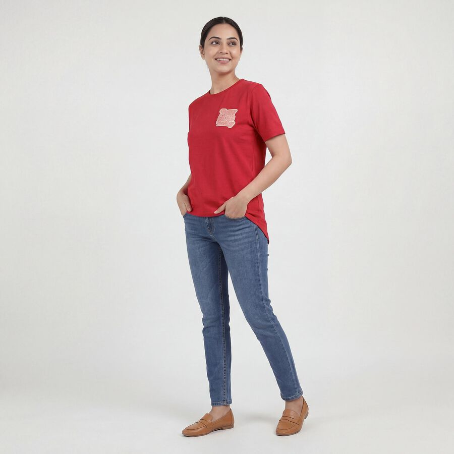 Women's Fuchsia Round Neck Casual T-Shirt, रानी (फ्यूशिया), large