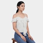 Women's White Round Neck Floral Ruffle Top, White, small