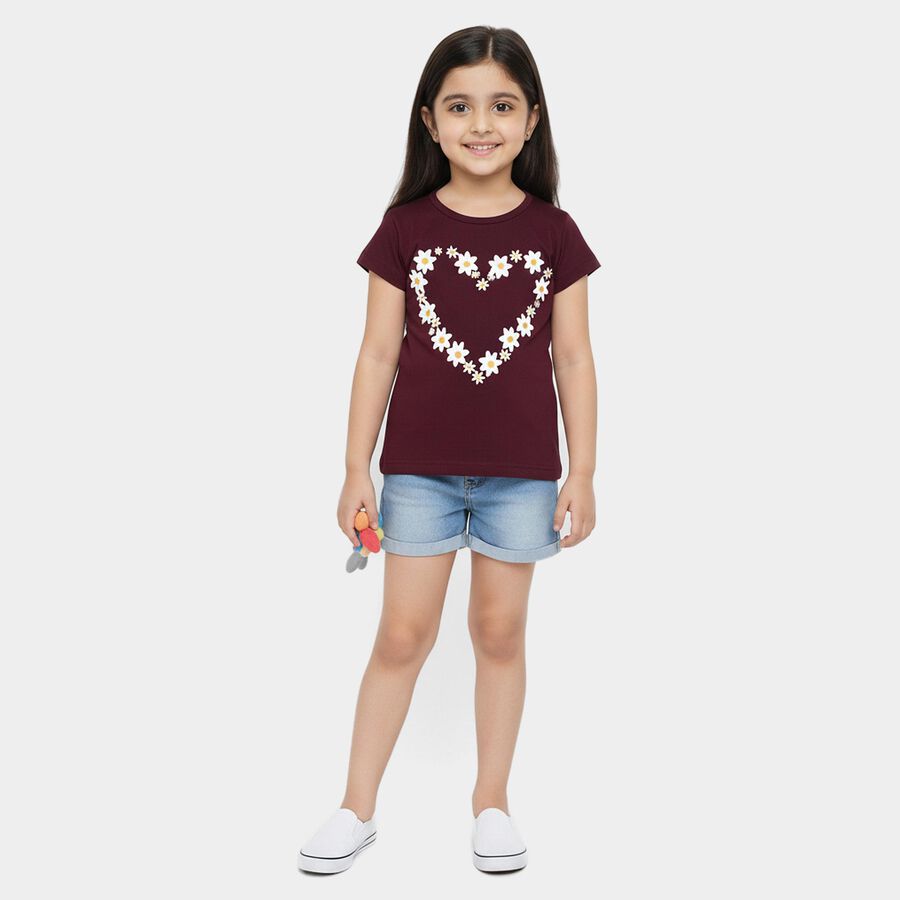 Girls Wine Cotton Blend Round Neck Casual T-Shirt, Wine, large