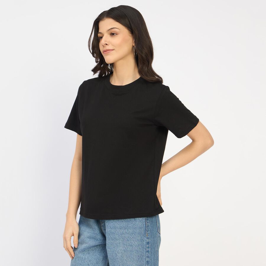 Ladies' 100% Cotton Round Neck T-Shirt, काला, large