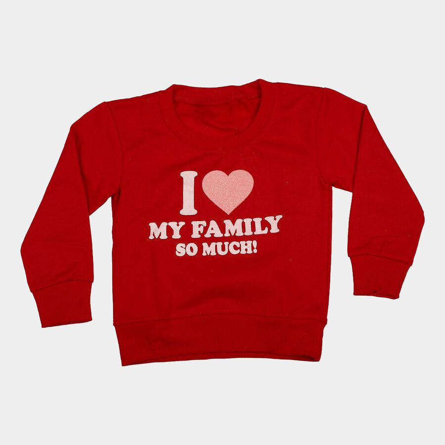 Girls' Red Crew Neck Graphic Print Sweatshirt, लाल, large