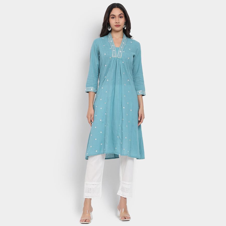 Ladies' 100% Cotton Kurta, मध्यम नीला, large image number null