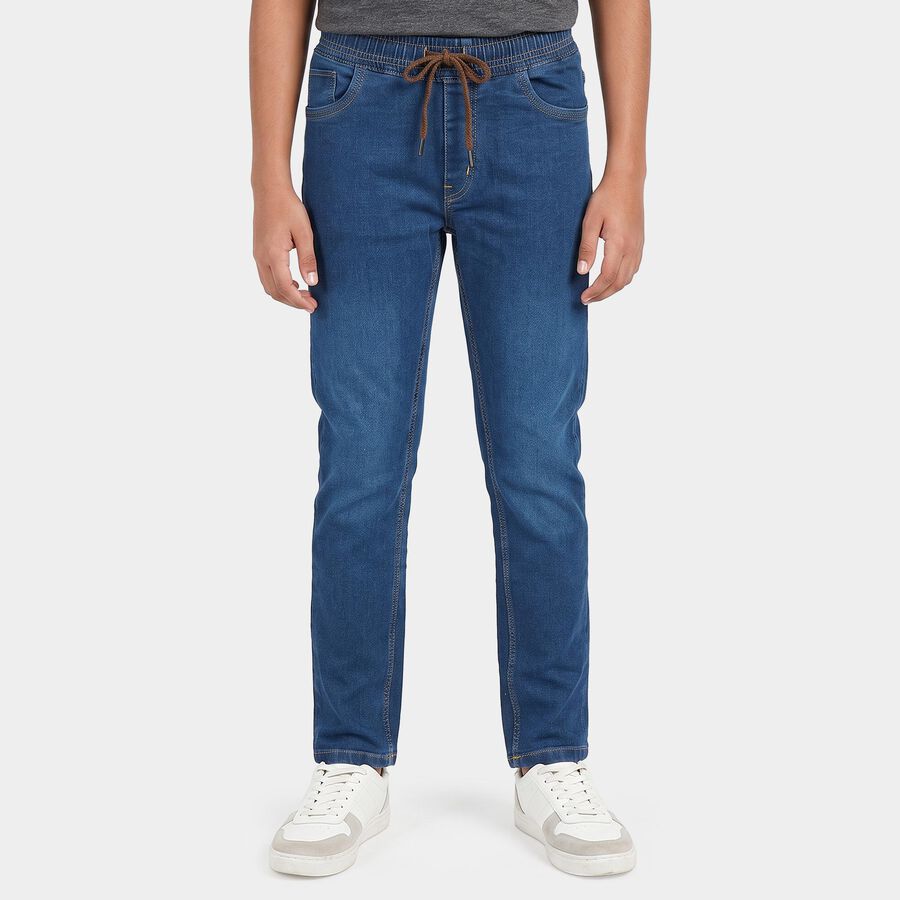Boys Blue Straight Fit Drawstring Waist Jeans, गहरा नीला, large