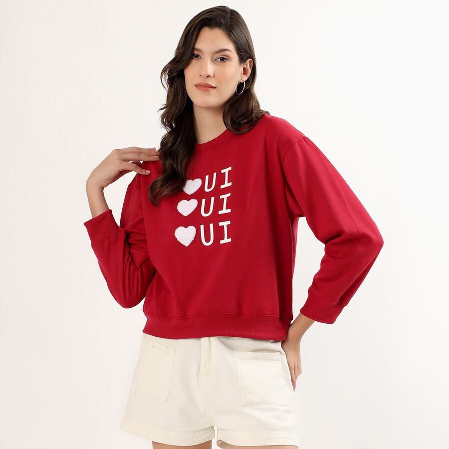 Women's Bright Cherry Red Crew Neck Casual Sweatshirt, लाल, large image number null