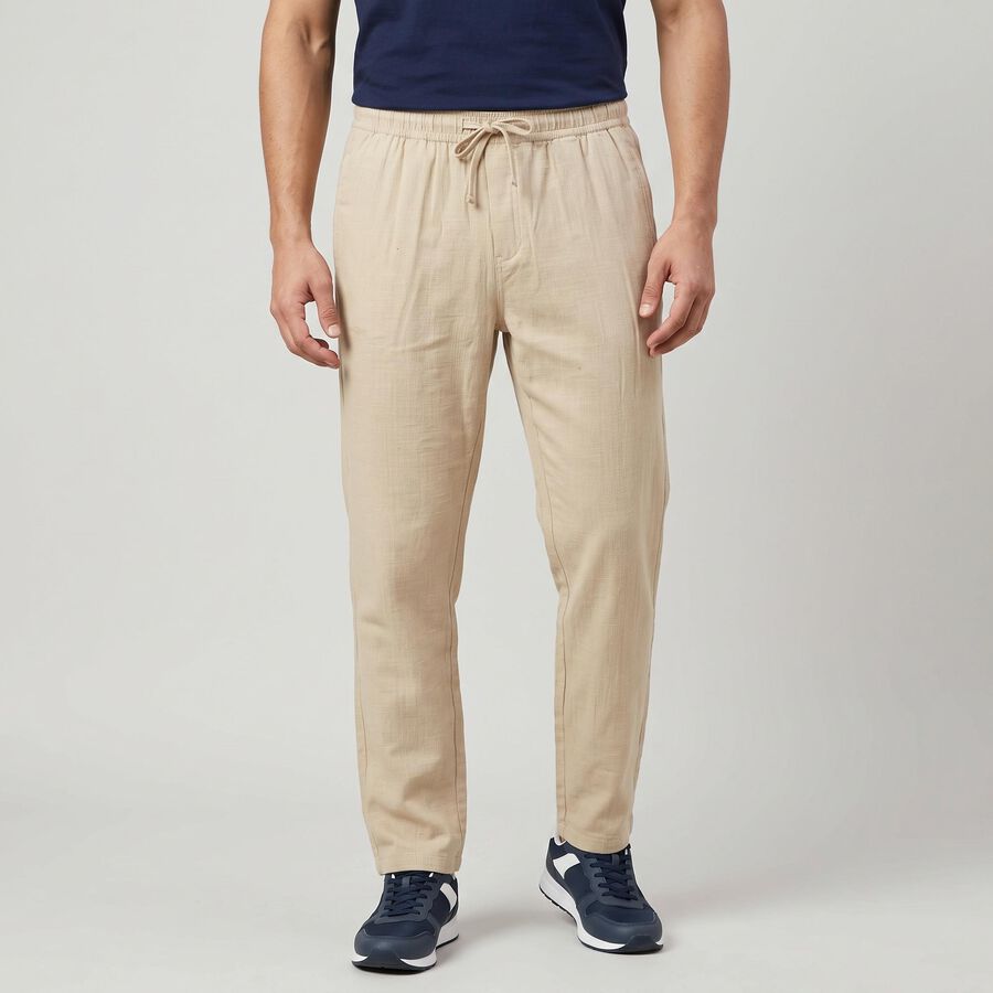 Men's Beige Slim Fit Drawstring Chino Trousers, Beige, large