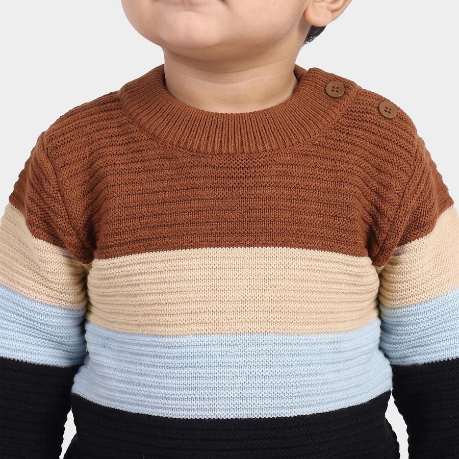 Infants' Brown Crew Neck Striped Pullover, भूरा, large
