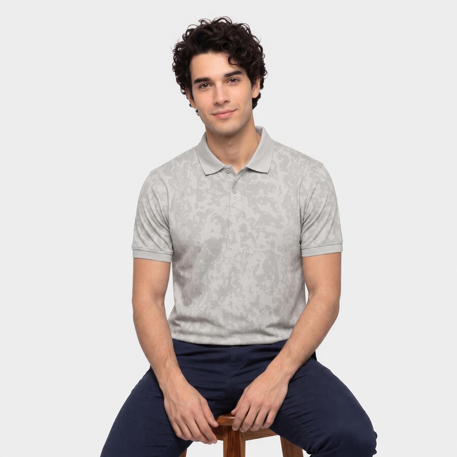 Men's Grey Cotton Polo Neck Abstract Printed T-Shirt, हल्का ग्रे, large