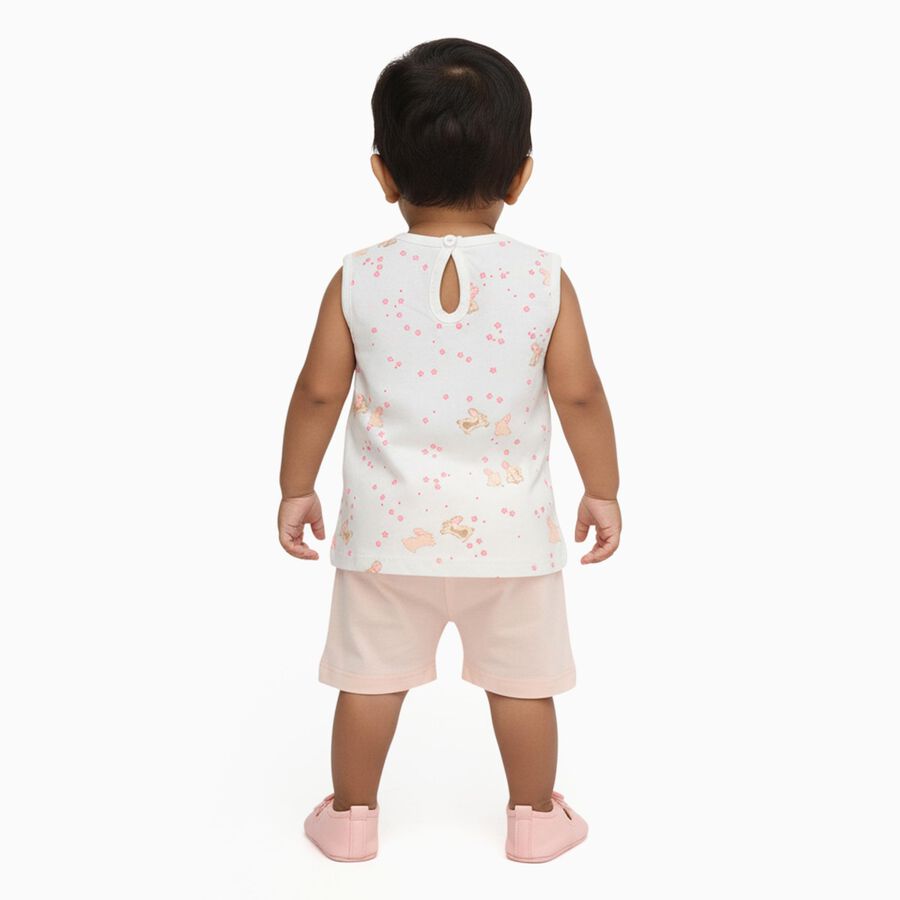 Infant White Cotton Bunny Print Sleeveless Top and Pastel Pink Shorts Set, Peach, large