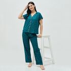 Women's Dark Teal Green Button-Down Printed Night Suit, Dark Green, small