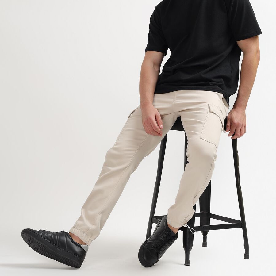Men's Slim Fit Casual Trousers, Ecru Melange, large image number null