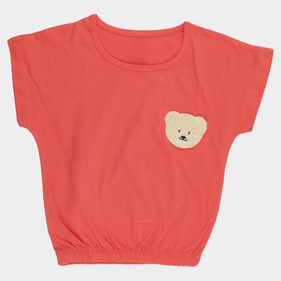 Girls' Coral Cotton Round Neck Casual T-Shirt, मूँगा (कोरल), large