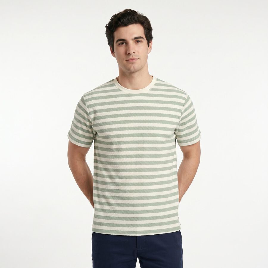 Men's Green Round Neck Striped Regular T-Shirt, Light Green, large