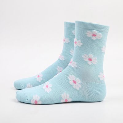 Women's Light Blue Regular Fit Floral Crew Socks