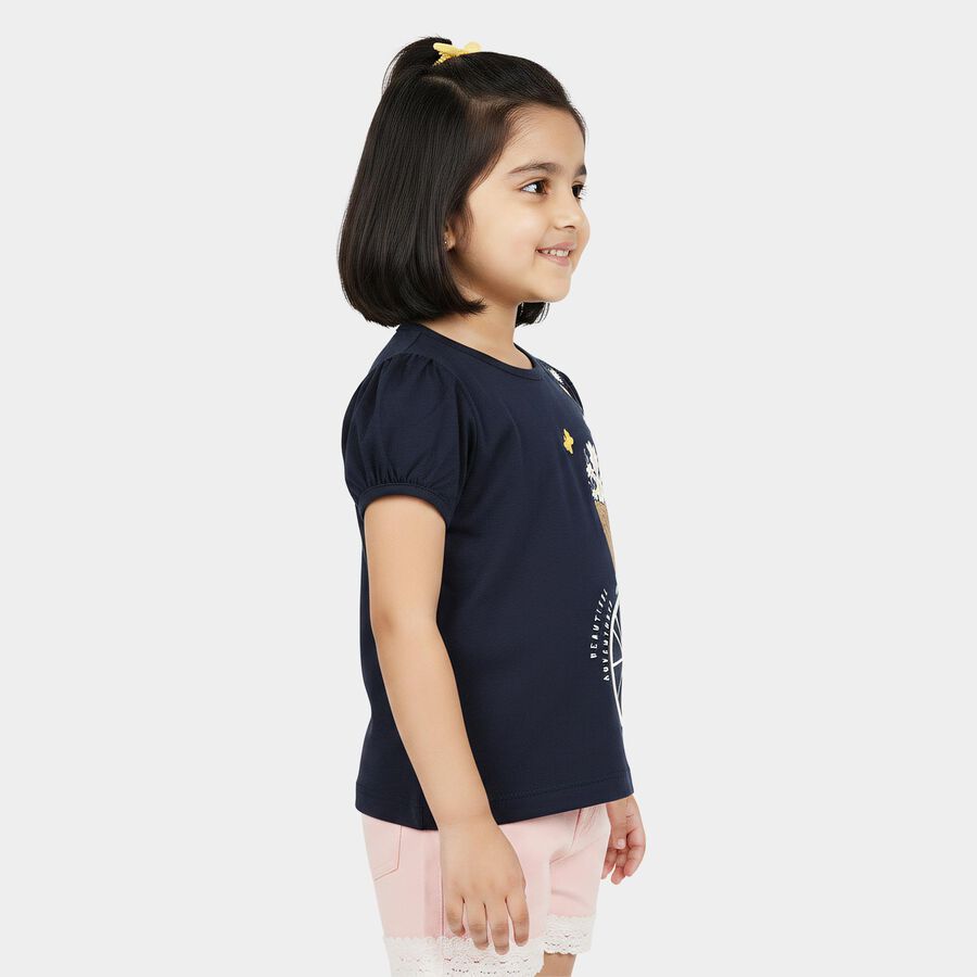 Girls Navy Blue Cotton Round Neck Casual Printed T-Shirt, Navy Blue, large