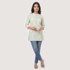 Women's Mint Green Cotton Mandarin Collar Floral Printed Straight Kurti, Light Green, small