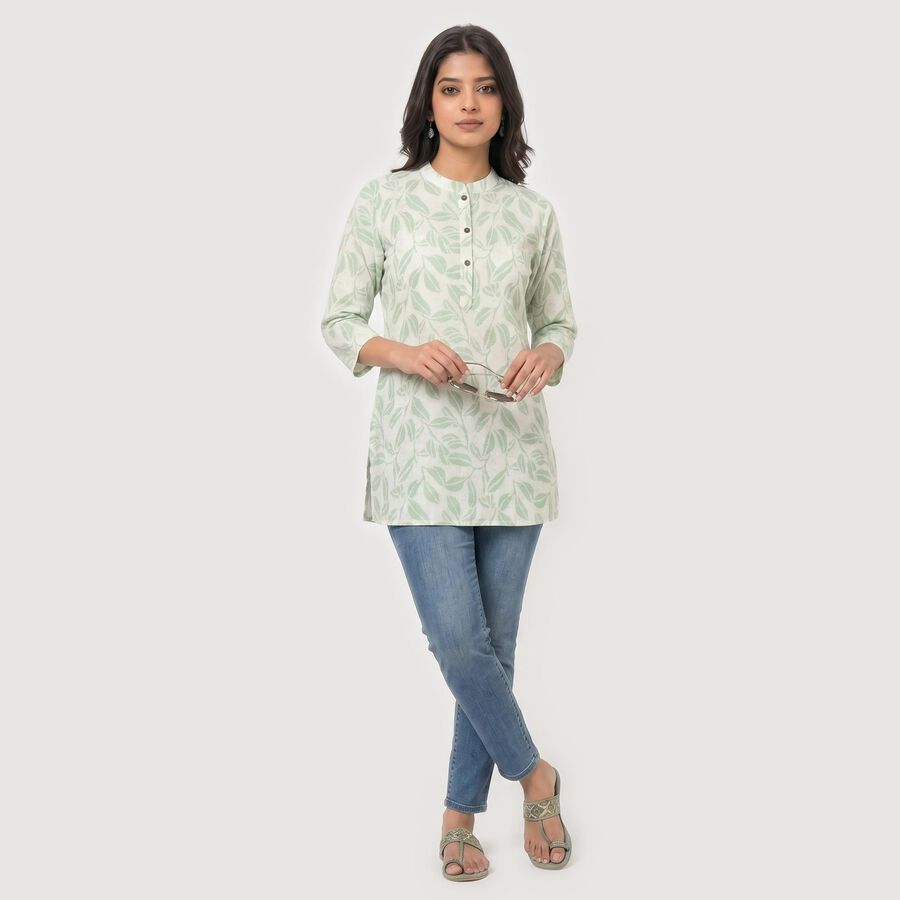 Women's Mint Green Cotton Mandarin Collar Floral Printed Straight Kurti, Light Green, large