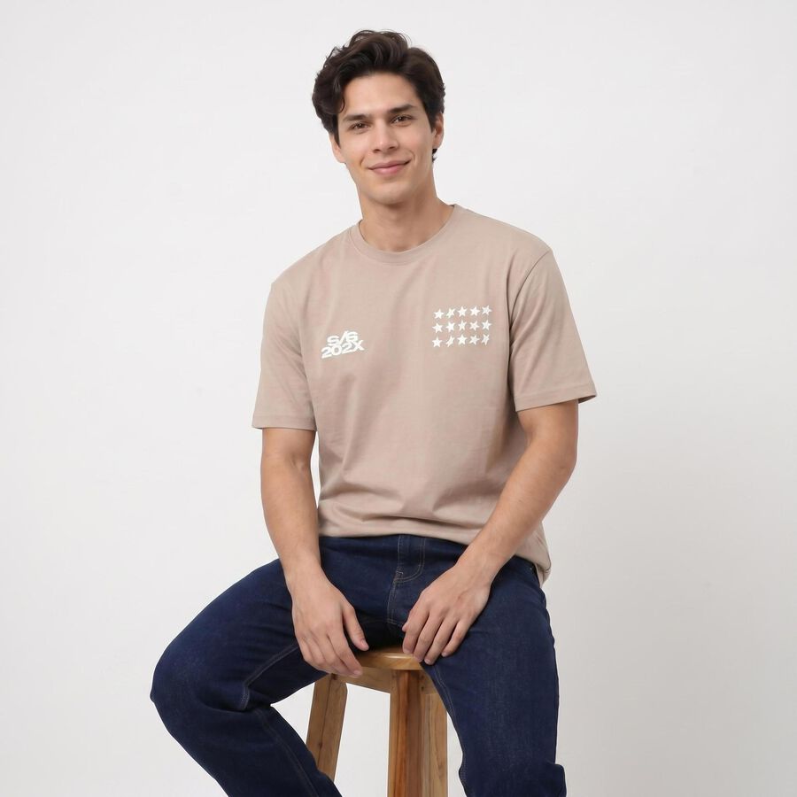 Men's Beige Round Neck Graphic Print Regular T-Shirt, Beige, large