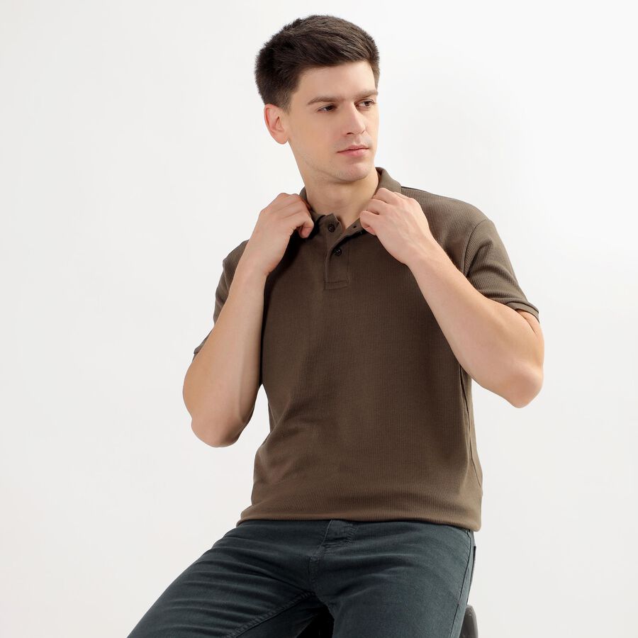 Men's Deep Brown Polo Neck T-Shirt, खाकी, large image number null