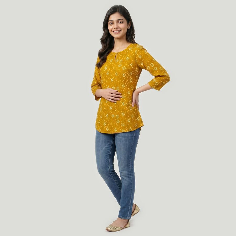 Women's Mustard Round Neck Printed Straight Kurti, Yellow, large