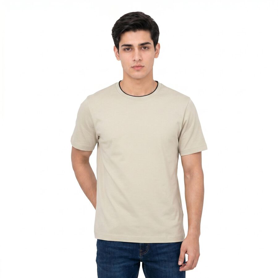 Men's Beige Cotton Round Neck Regular T-Shirt, Beige, large