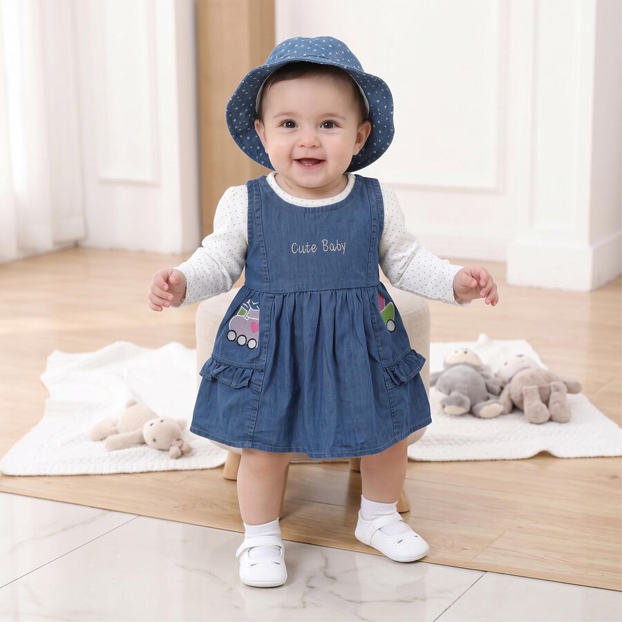 Infants' Blue Fit and Flare Embroidered Frock, गहरा नीला, large
