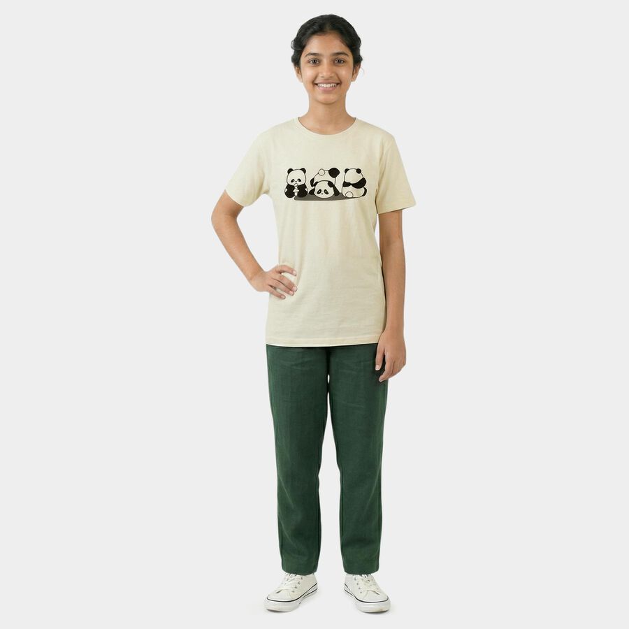 Girls White Round Neck Casual T-Shirt, ऑफ व्हाइट, large