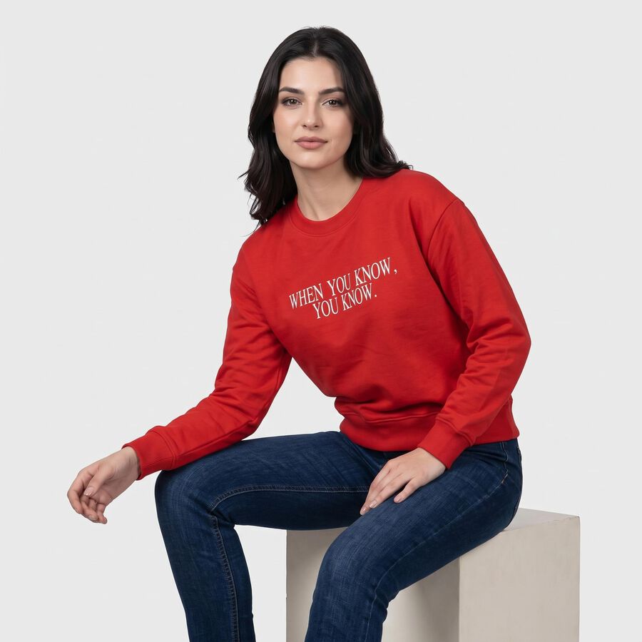 Women Red Crew Neck Graphic Print Sweatshirt, लाल, large