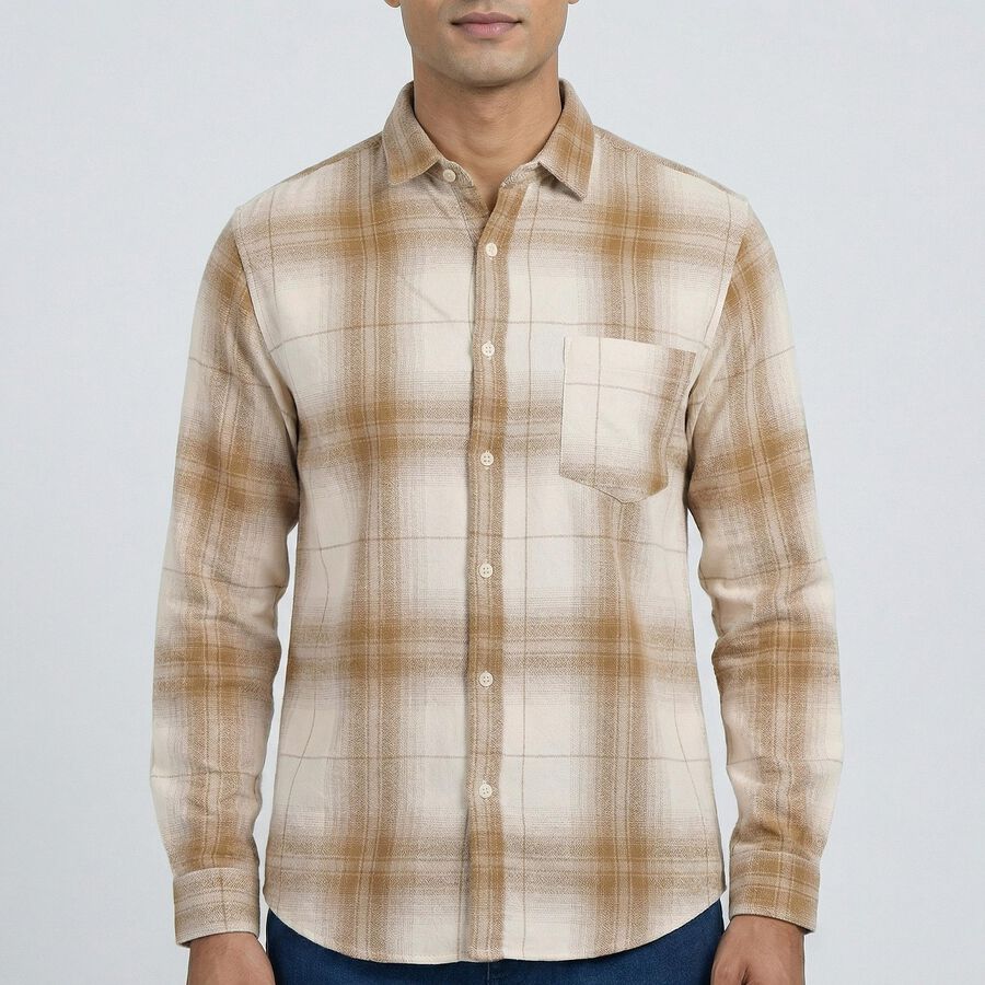 Men's Beige Cotton Button-Down Casual Shirt, Beige, large
