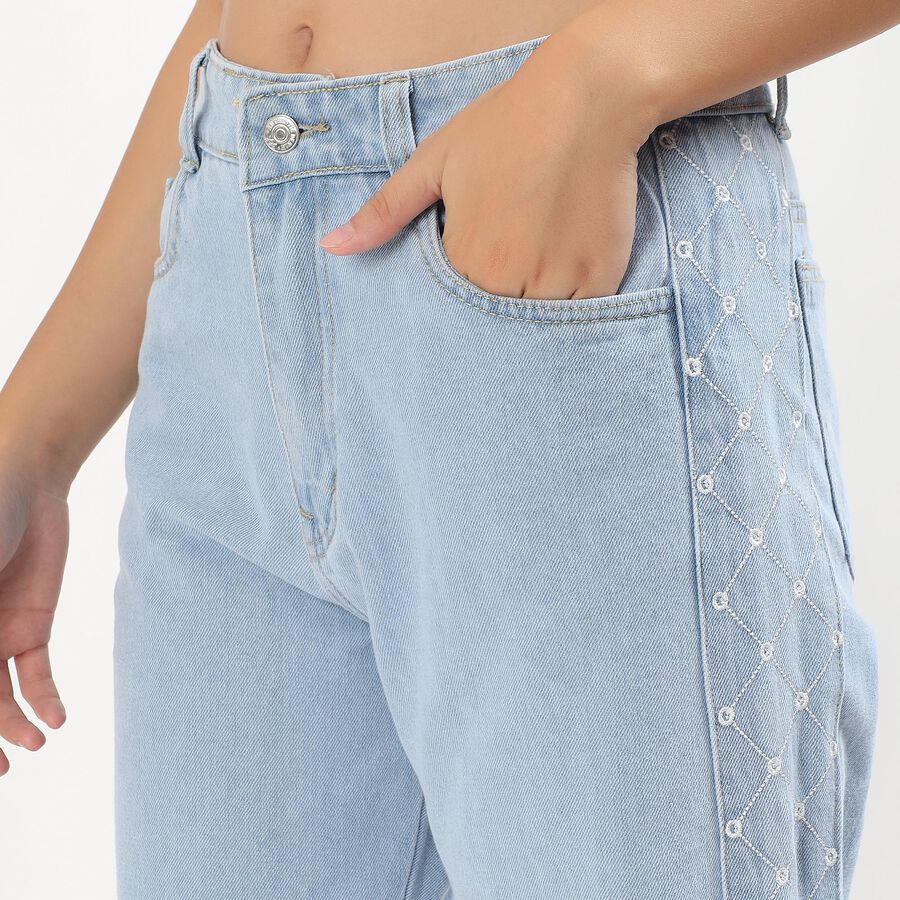 Women's Light Powder Blue Straight Fit Embroidered Jeans, Mid Blue, large image number null