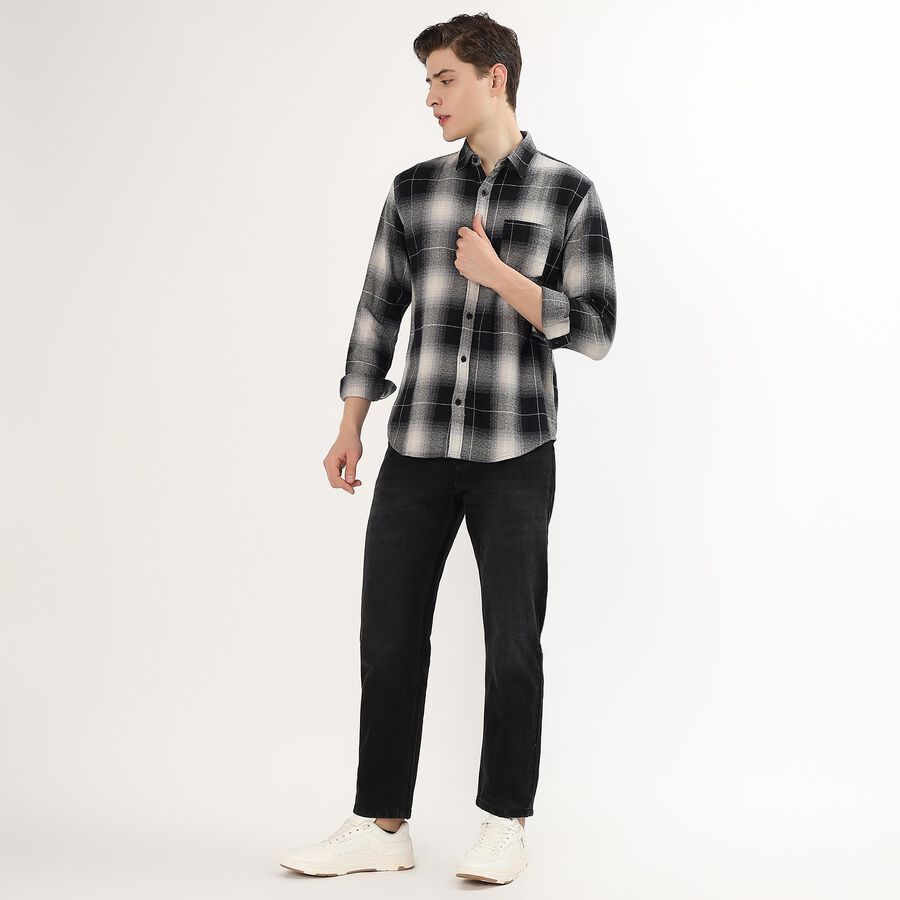 Men's Black and White Cotton Spread Collar Casual Shirt, Black, large