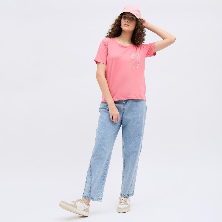 Girls' Bright Pink Round Neck Printed T-Shirt, Pink, large image number null