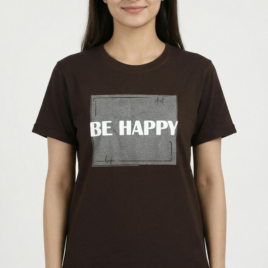 Women's Brown Round Neck Casual T-Shirt, Brown, large