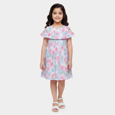 Girls' Light Blue Floral Off-Shoulder Cotton Frock