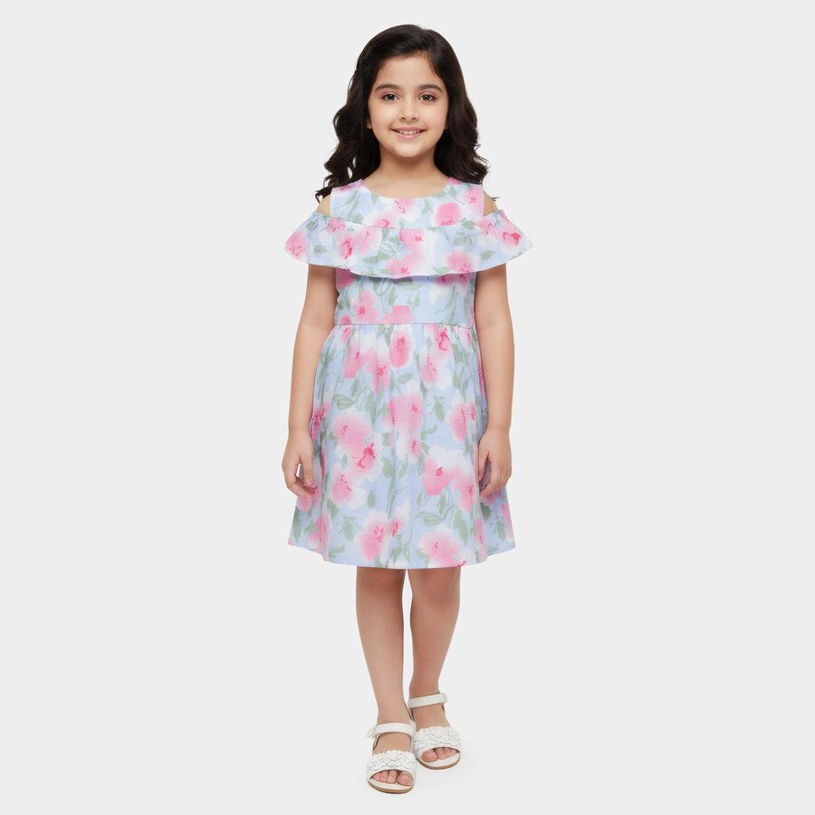 Girls' Light Blue Floral Off-Shoulder Cotton Frock, Light Blue, large