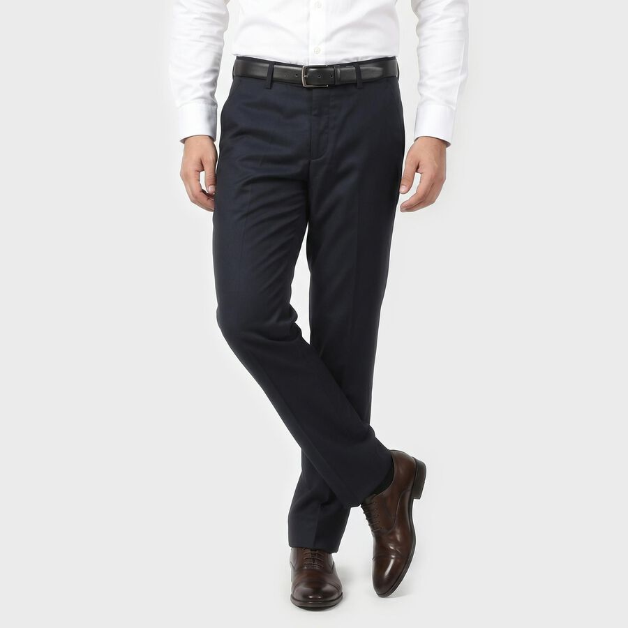Men's Navy Blue Slim Fit Flat-Front Formal Trousers, Navy Blue, large