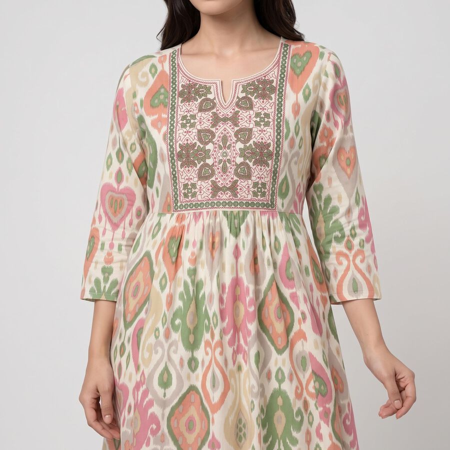 Women's Cream Notch Neck Printed Kurta, Off White, large
