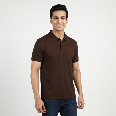 Men's Brown Cotton Polo Neck Preppy T-Shirt